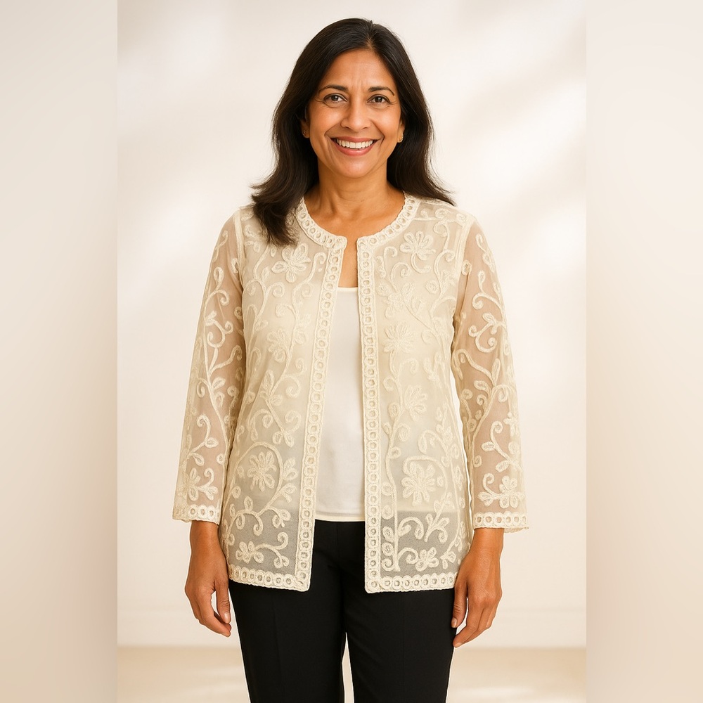 Victor Costa Cream Embellished long  Sleeve cardigan size M